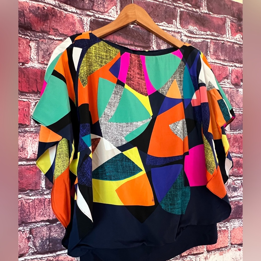 NWT Trina Turk Verge Multicolor Geometric Abstract Silk Top - Picture 2 of 7